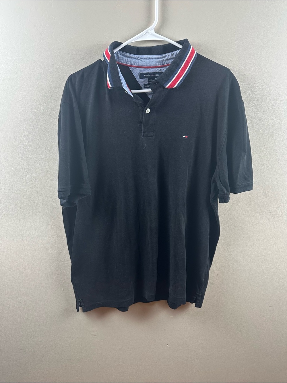 Tommy Hilfiger Men’s Black Polo with Red-White-Blue Trim Collar